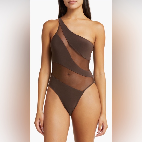 Norma Kamali Other - Norma Kamali Snake Mesh One-Shoulder Swimsuit,Chocolate/Chocolate Mesh, L, $245